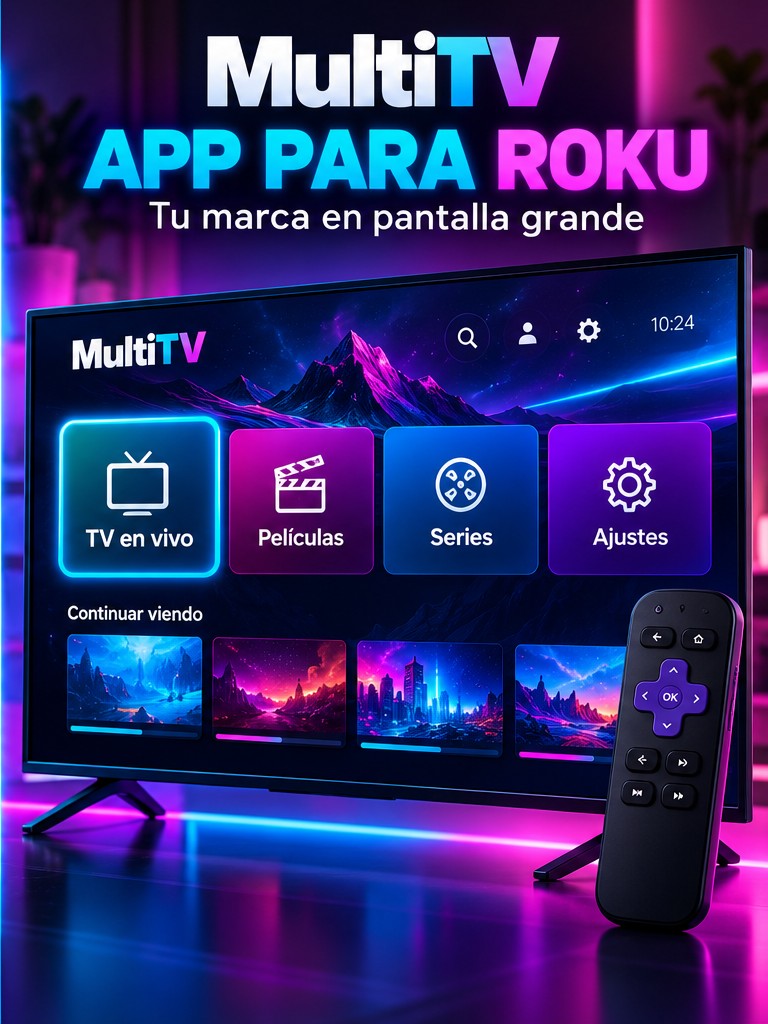 Concepto visual ilustrativo de una aplicación MultiTV para pantalla Roku
