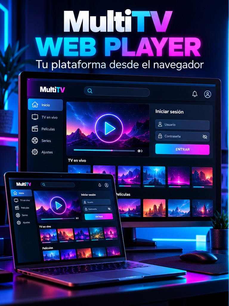 Concepto visual ilustrativo de MultiTV Web Player en navegador y computadora