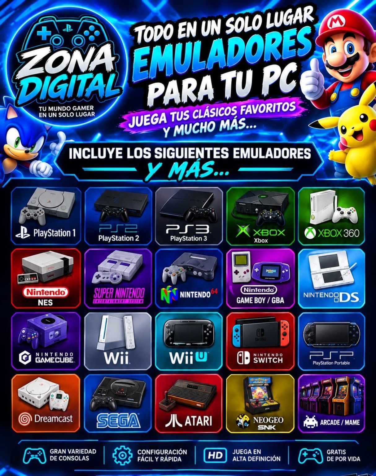 Variedad de consolas clásicas incluidas en el pack retro